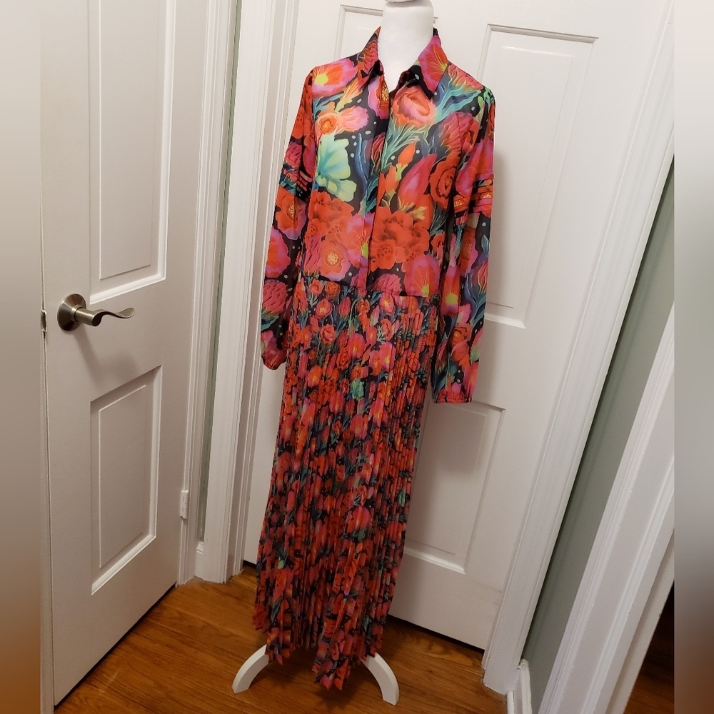 Farm Rio x Anthropologie Pleated Drop-Waist Maxi Dress Size S Red Floral